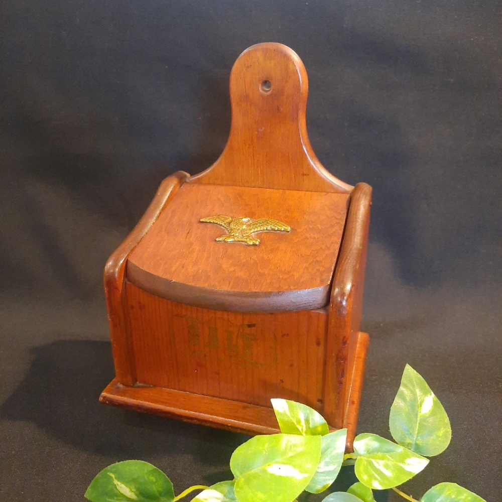 Vintage Wooden Wall-Mounted Salt Box with Eagle Design